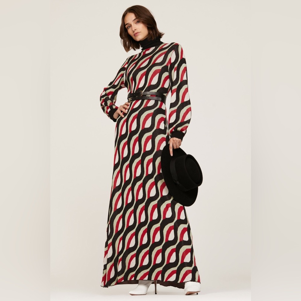 RIXO Red and Black Geometric Long Sleeve Dress